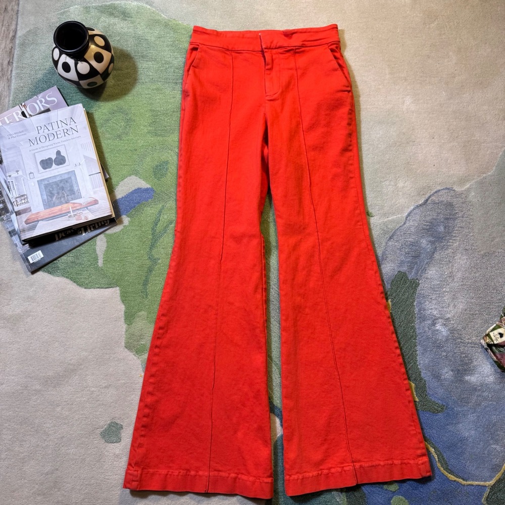 Alice + Olivia Jeans Red High Rise Wide Leg Flare Pants Front Seam Detail - Picture 2 of 14